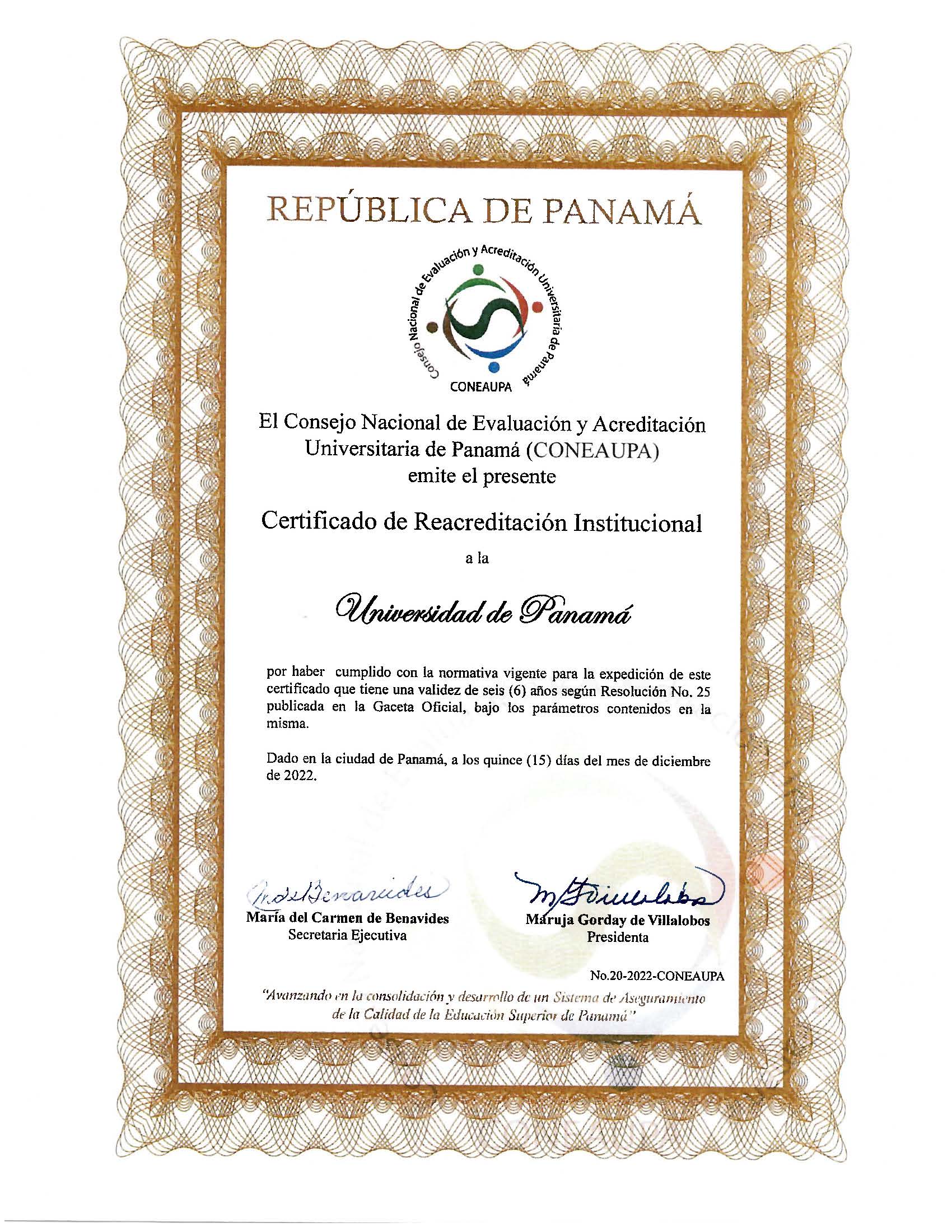 Certificación de la Reacreditación de la Universidad de Panamá